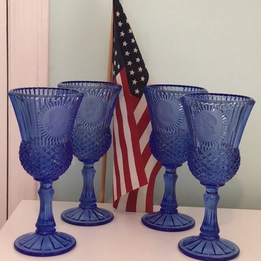 4Vintage George and Martha Washington Bicentennial frosted cobalt blue goblets